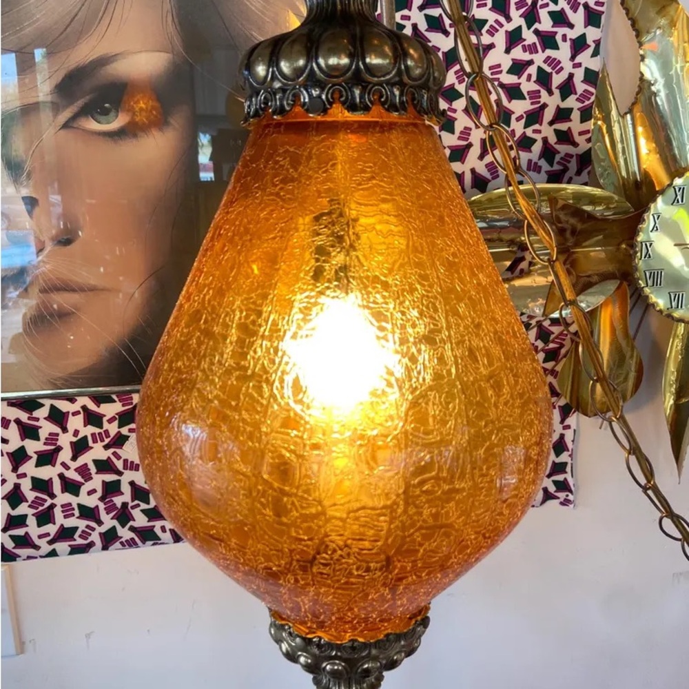Vintage swag lamp large crackled amber glass Hollywood regency teardrop - Picture 6 of 10